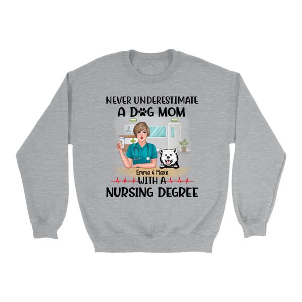 Never Underestimate a Dog Mom with a Nursing Degree - Personalized Gifts Custom Dog Shirt for Dog Mom, Dog Lovers