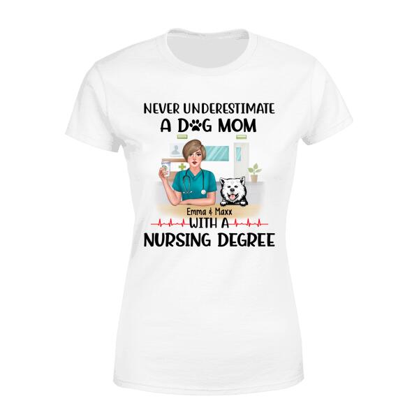 Never Underestimate a Dog Mom with a Nursing Degree - Personalized Gifts Custom Dog Shirt for Dog Mom, Dog Lovers