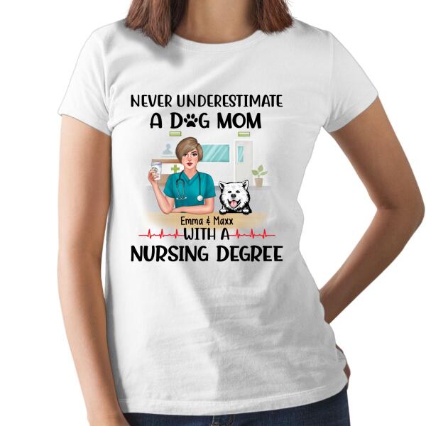 Never Underestimate a Dog Mom with a Nursing Degree - Personalized Gifts Custom Dog Shirt for Dog Mom, Dog Lovers