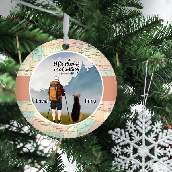 Personalized Ornament, Man, Woman Hiking With Dog, Hiking Partner, Christmas Gift For Hikers, Dog Lovers