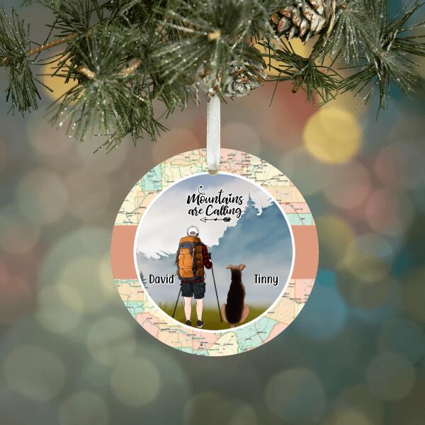 Personalized Ornament, Man, Woman Hiking With Dog, Hiking Partner, Christmas Gift For Hikers, Dog Lovers