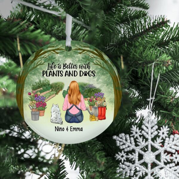 Personalized Ornament, A Girl Gardening With Dogs, Gift For Gardeners And Dog Lovers