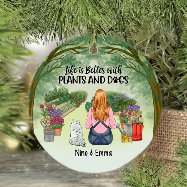 Personalized Ornament, A Girl Gardening With Dogs, Gift For Gardeners And Dog Lovers