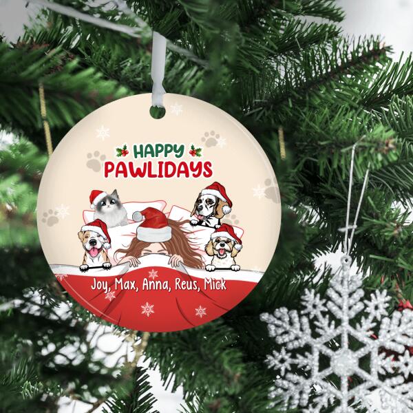 Personalized Ornament, Sleeping Girl With Pets, Happy Pawlidays, Christmas Gift For Dog Lovers, Cat Lovers