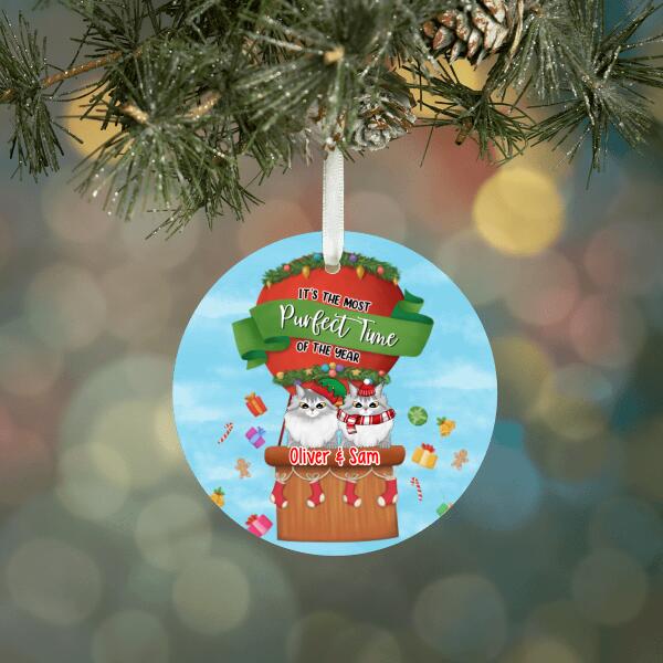 Personalized Ornament, Christmas Cats In Hot Balloon, It's The Most Purfect Time Of The Year, Christmas Gift For Cat Lover