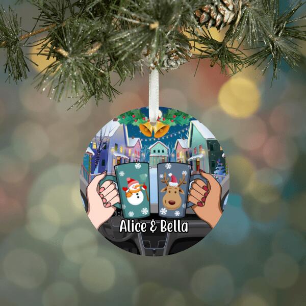 Personalized Ornament, Besties Drinking In Car At Christmas, Christmas Gift For Best Friends, Sisters