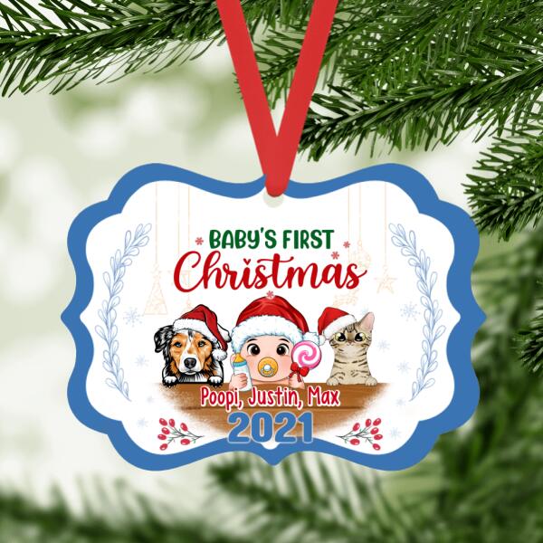 Personalized Ornament, Baby's First Christmas - Baby With Peeking Pets, Christmas Gift For Baby And Dog Lovers, Cat Lovers