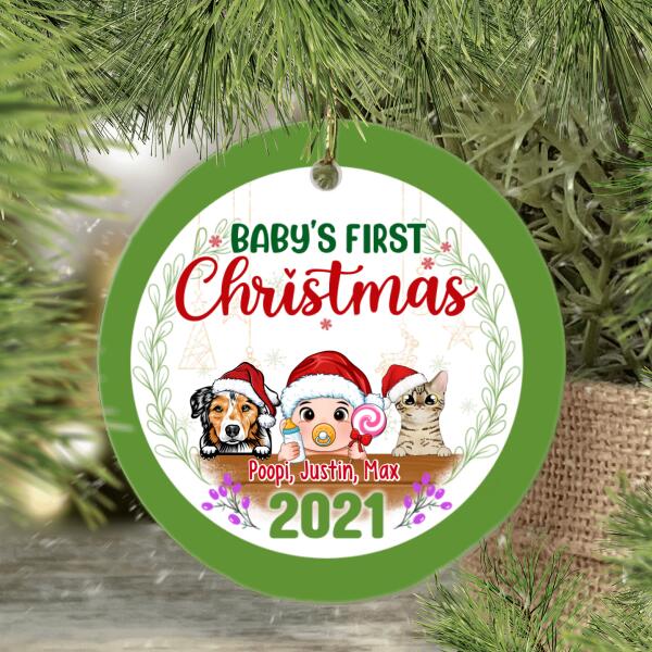 Personalized Ornament, Baby's First Christmas - Baby With Peeking Pets, Christmas Gift For Baby And Dog Lovers, Cat Lovers