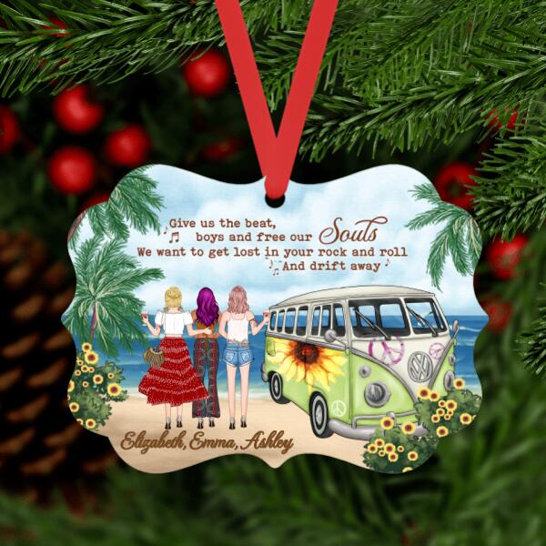 Personalized Metal Ornament, Hippie Girls On Beach, Christmas Gifts for Boho and Car Lovers