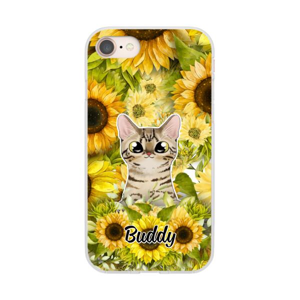 Personalized Phone Case, Up To 2 Cats, Gift For Cat Lovers, Cat And Sunflower