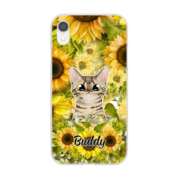 Personalized Phone Case, Up To 2 Cats, Gift For Cat Lovers, Cat And Sunflower