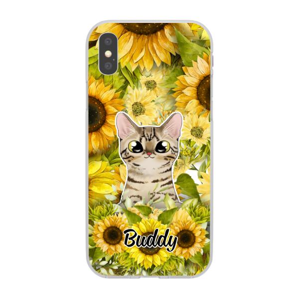 Personalized Phone Case, Up To 2 Cats, Gift For Cat Lovers, Cat And Sunflower