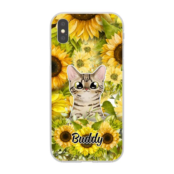 Personalized Phone Case, Up To 2 Cats, Gift For Cat Lovers, Cat And Sunflower