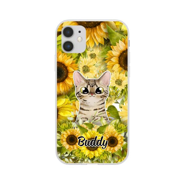 Personalized Phone Case, Up To 2 Cats, Gift For Cat Lovers, Cat And Sunflower