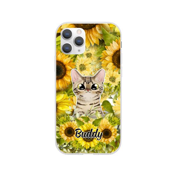 Personalized Phone Case, Up To 2 Cats, Gift For Cat Lovers, Cat And Sunflower