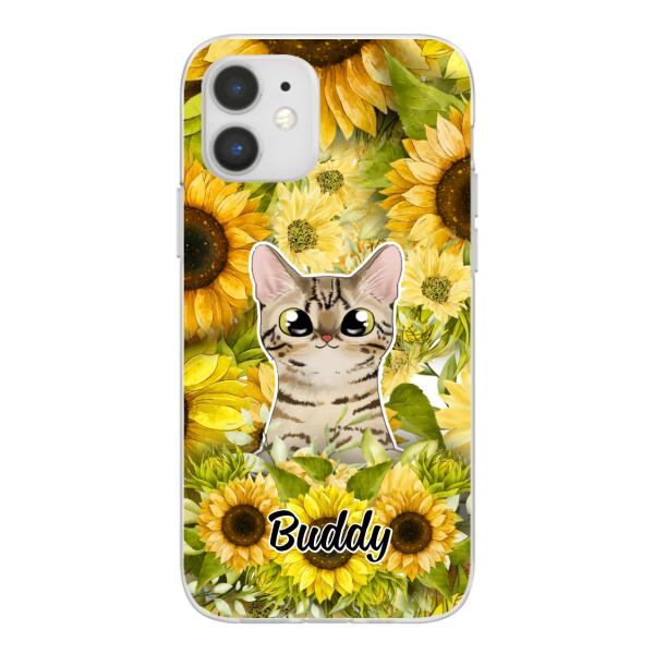 Personalized Phone Case, Up To 2 Cats, Gift For Cat Lovers, Cat And Sunflower