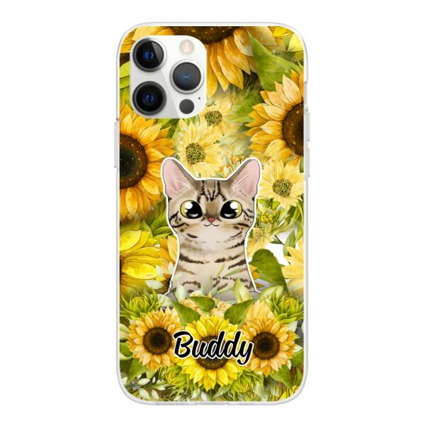 Personalized Phone Case, Up To 2 Cats, Gift For Cat Lovers, Cat And Sunflower