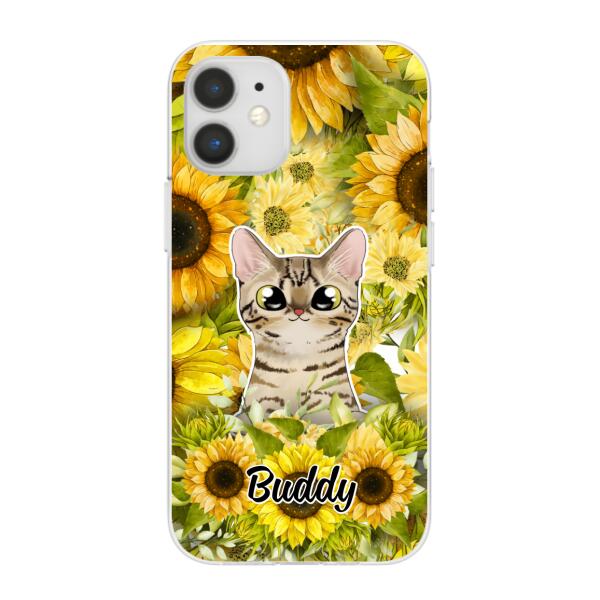 Personalized Phone Case, Up To 2 Cats, Gift For Cat Lovers, Cat And Sunflower