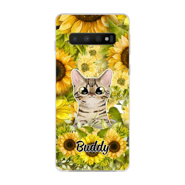 Personalized Phone Case, Up To 2 Cats, Gift For Cat Lovers, Cat And Sunflower