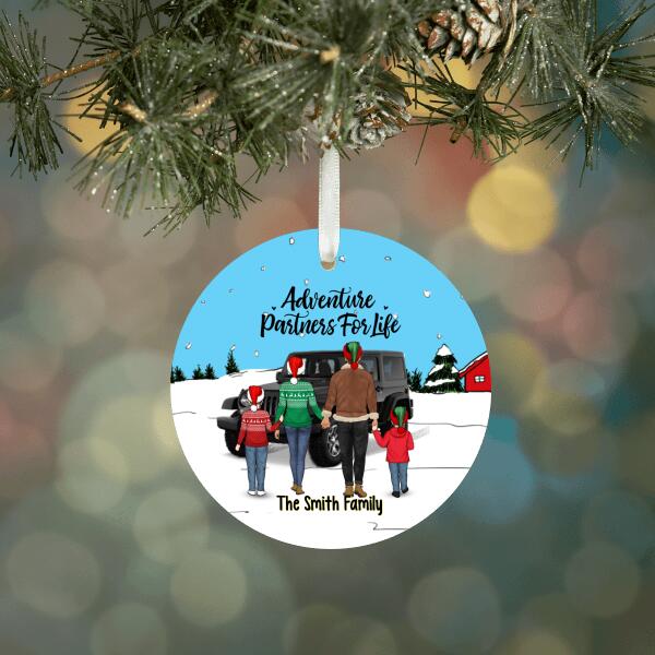 Personalized Ornament, Family Standing With Car - Adventure Partners For Life, Christmas Gift For Family, Car Lovers, Dog Lovers