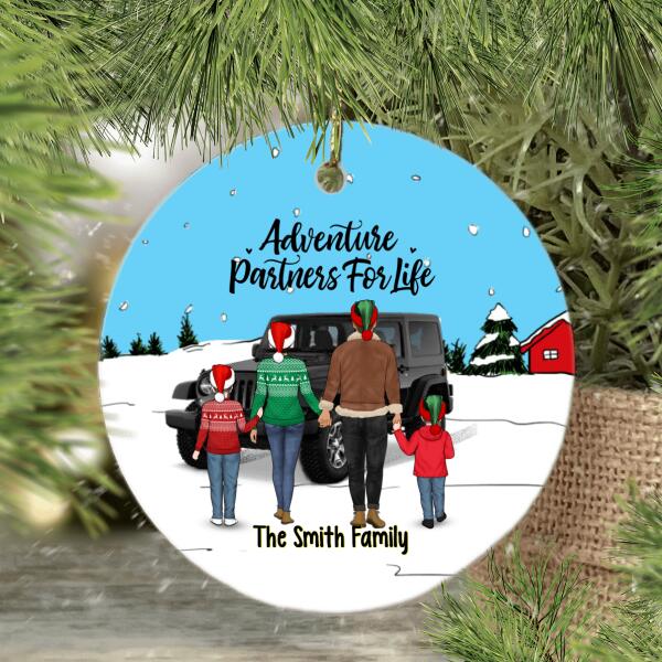 Personalized Ornament, Family Standing With Car - Adventure Partners For Life, Christmas Gift For Family, Car Lovers, Dog Lovers