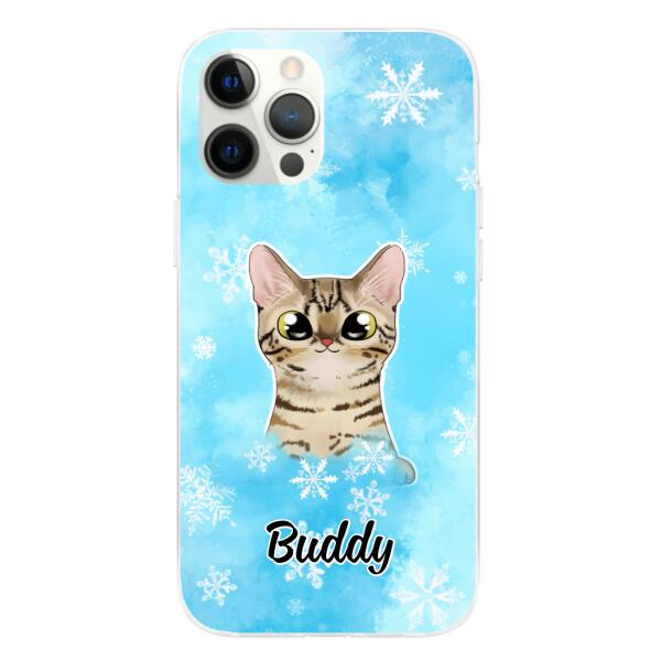 Personalized Phone Case, Up To 3 Cats, Gift For Cat Lovers, Winter Theme, Cats And Snowflake