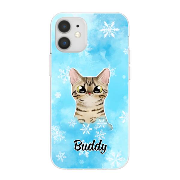 Personalized Phone Case, Up To 3 Cats, Gift For Cat Lovers, Winter Theme, Cats And Snowflake