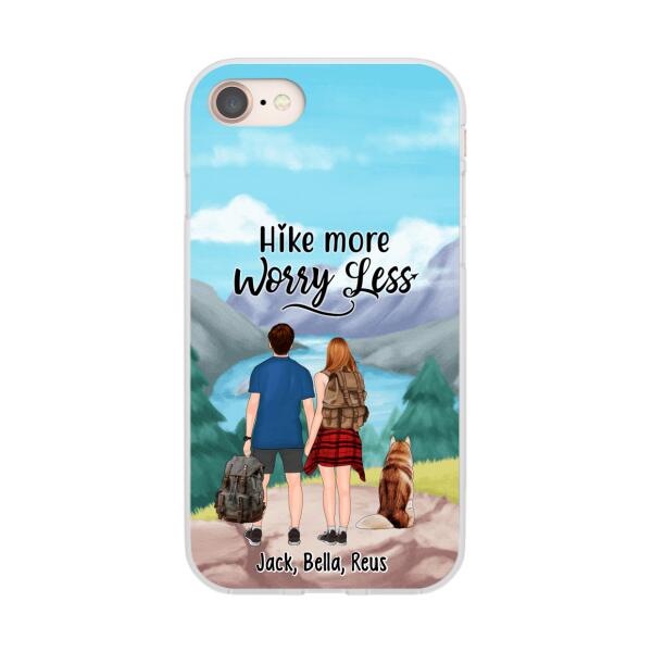 Personalized Phone Case, Hiking Couple With Dogs, Gift For Hikers And Dog Lovers