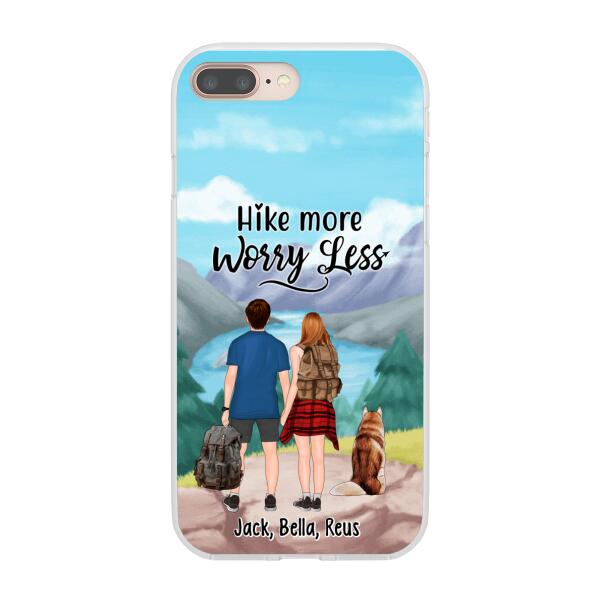 Personalized Phone Case, Hiking Couple With Dogs, Gift For Hikers And Dog Lovers