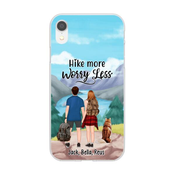 Personalized Phone Case, Hiking Couple With Dogs, Gift For Hikers And Dog Lovers