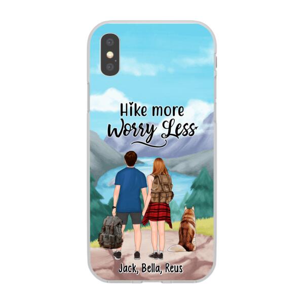 Personalized Phone Case, Hiking Couple With Dogs, Gift For Hikers And Dog Lovers