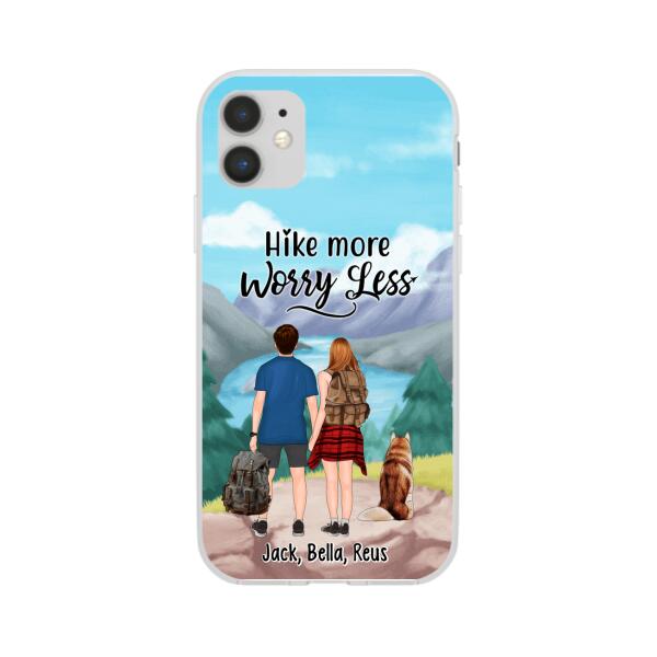 Personalized Phone Case, Hiking Couple With Dogs, Gift For Hikers And Dog Lovers