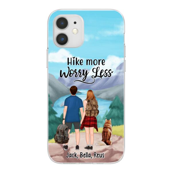 Personalized Phone Case, Hiking Couple With Dogs, Gift For Hikers And Dog Lovers