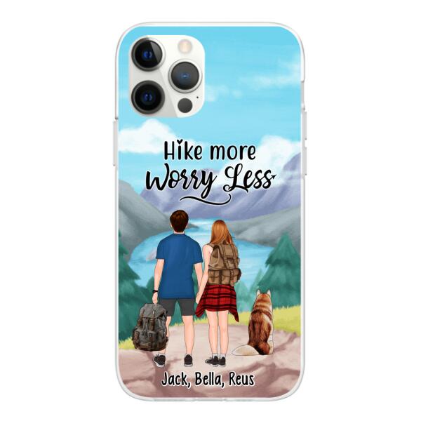 Personalized Phone Case, Hiking Couple With Dogs, Gift For Hikers And Dog Lovers