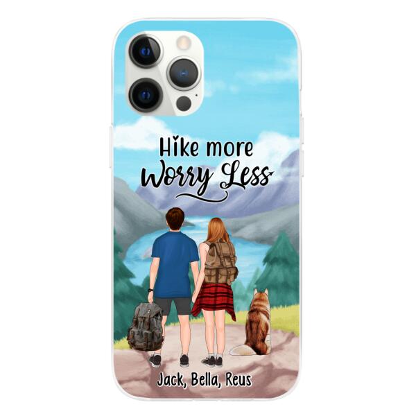 Personalized Phone Case, Hiking Couple With Dogs, Gift For Hikers And Dog Lovers