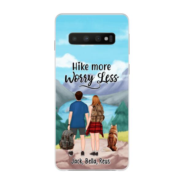 Personalized Phone Case, Hiking Couple With Dogs, Gift For Hikers And Dog Lovers