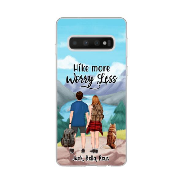 Personalized Phone Case, Hiking Couple With Dogs, Gift For Hikers And Dog Lovers