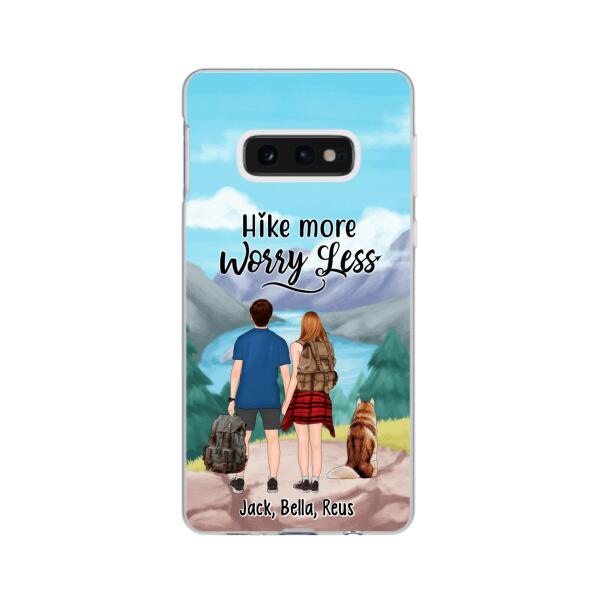 Personalized Phone Case, Hiking Couple With Dogs, Gift For Hikers And Dog Lovers