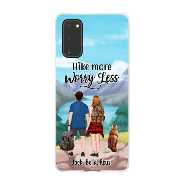 Personalized Phone Case, Hiking Couple With Dogs, Gift For Hikers And Dog Lovers