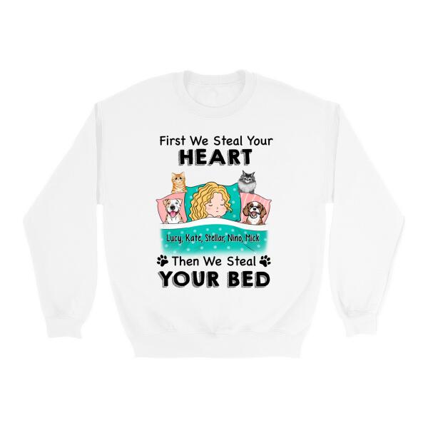 Personalized Shirt, Sleeping With Pets, First We Steal Your Heart Then We Steal Your Bed, Gift For Dog Lovers, Cat Lovers