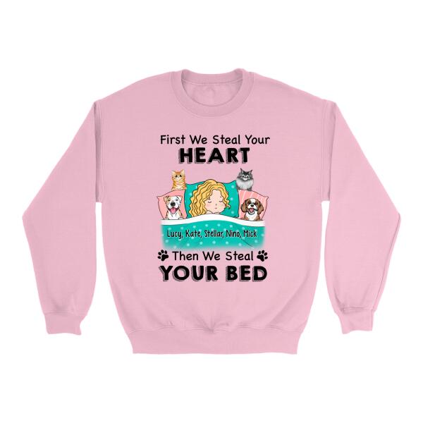 Personalized Shirt, Sleeping With Pets, First We Steal Your Heart Then We Steal Your Bed, Gift For Dog Lovers, Cat Lovers