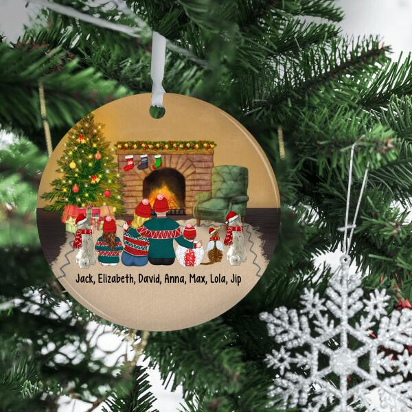 Up To 3 Pets Family Christmas Around Fireplace - Personalized Ornament For the Family, Christmas