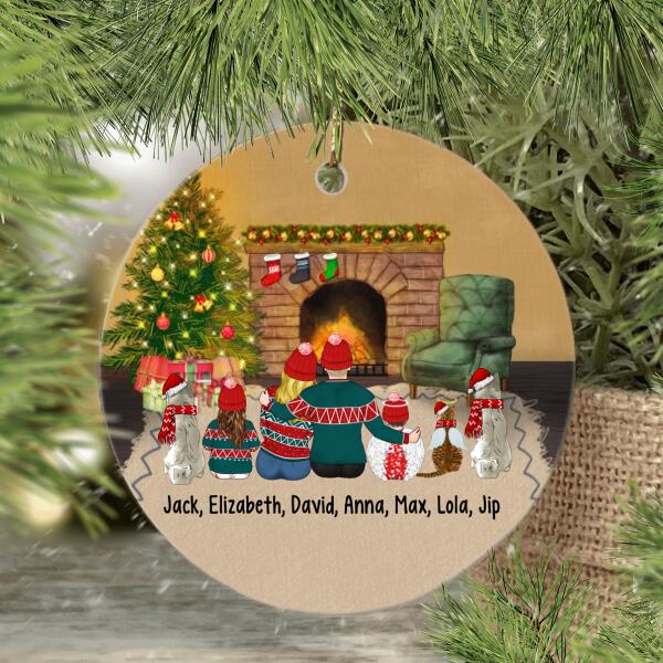 Up To 3 Pets Family Christmas Around Fireplace - Personalized Ornament For the Family, Christmas