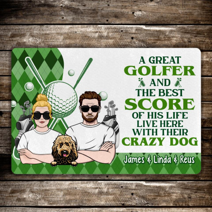 Golf Couple And Dogs - Personalized Doormat For Him, For Her, Dog Lovers, Golf