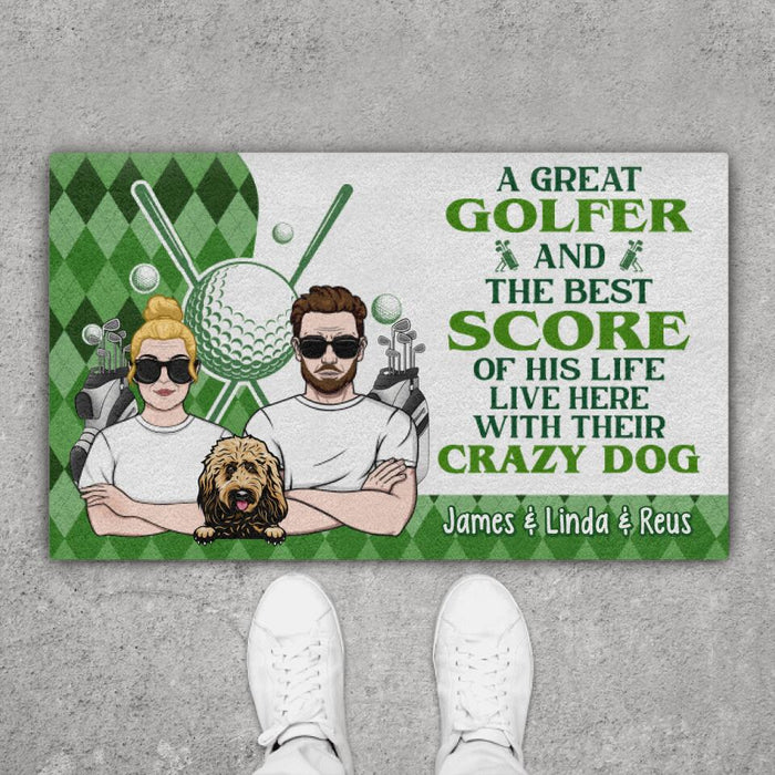 Golf Couple And Dogs - Personalized Doormat For Him, For Her, Dog Lovers, Golf