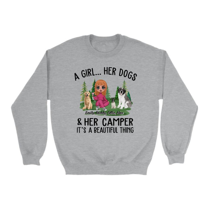 Camping Girl And Her Dogs - Personalized Shirt For Dog Lovers, Chibi, Camping