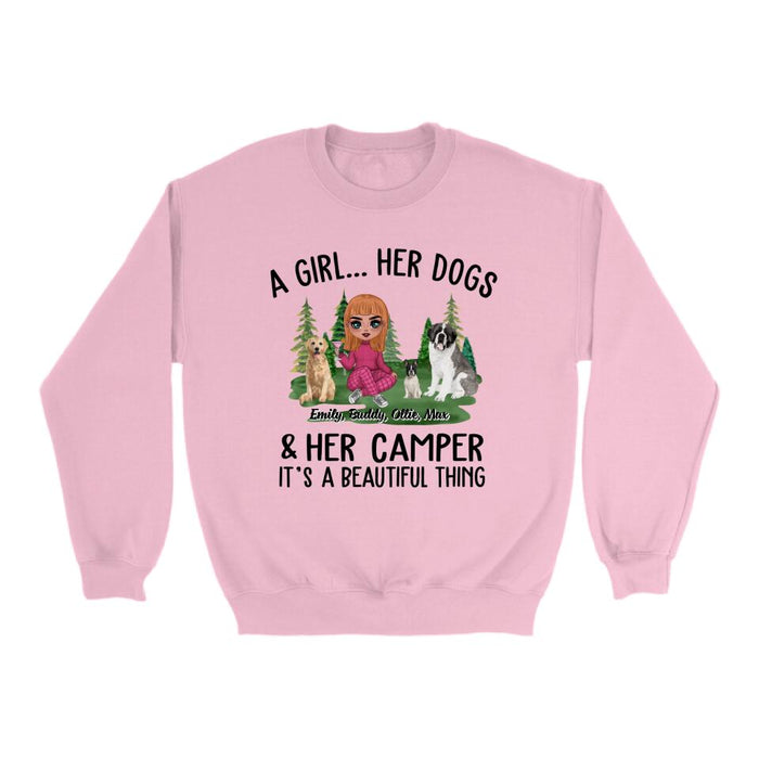 Camping Girl And Her Dogs - Personalized Shirt For Dog Lovers, Chibi, Camping