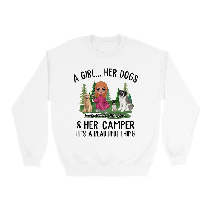 Camping Girl And Her Dogs - Personalized Shirt For Dog Lovers, Chibi, Camping