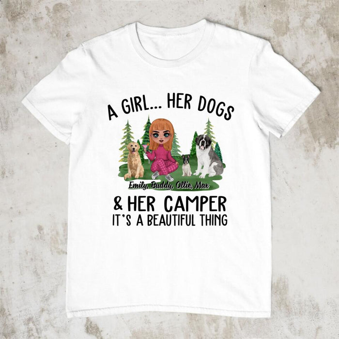 Camping Girl And Her Dogs - Personalized Shirt For Dog Lovers, Chibi, Camping