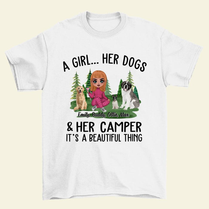 Camping Girl And Her Dogs - Personalized Shirt For Dog Lovers, Chibi, Camping